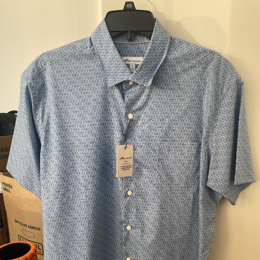Peter Millar Time To Get A Watch Print Short Sleeve Button-up Shirt in Blue
